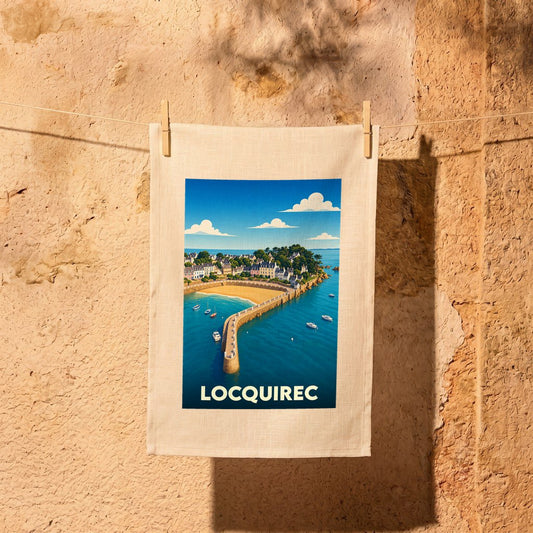 Torchon souvenir de la ville de Locquirec avec une illustration stylisée de son port et de sa jetée.
