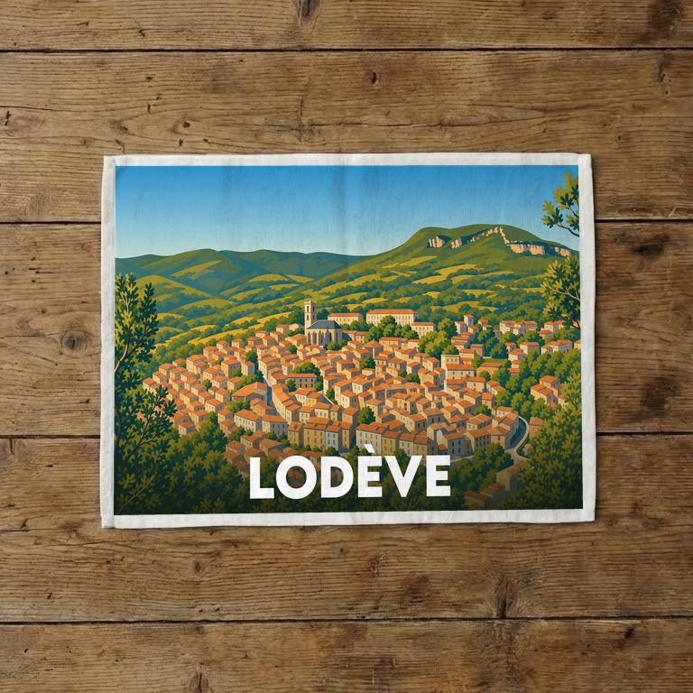 Torchon souvenir de la ville de Lodève orné d'une illustration panoramique et colorée de la cité héraultaise.