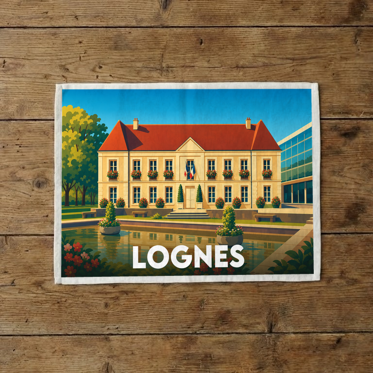 Torchon souvenir de la ville de Lognes avec une illustration stylisée de son hôtel de ville et de son plan d'eau.