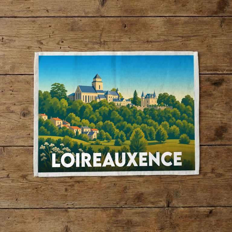 Torchon souvenir de la ville de Loireauxence orné d'une illustration stylisée de son patrimoine architectural.