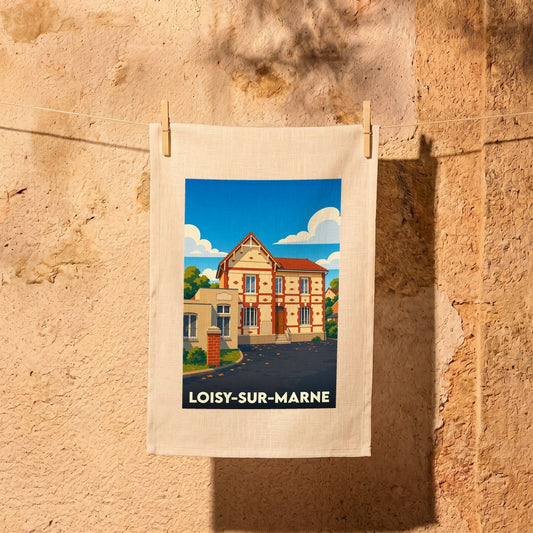 Torchon souvenir de la ville de Loisy-sur-Marne illustré d'une maison de style traditionnel.