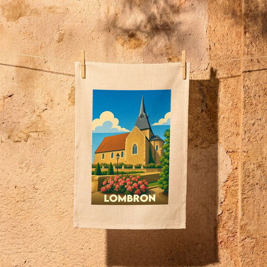 Torchon souvenir de la ville de Lombron orné d'une illustration stylisée de son église et de ses jardins.