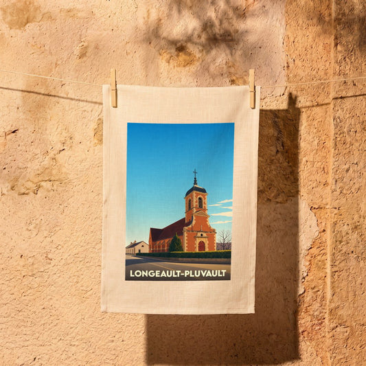 Torchon souvenir de la ville de Longeault-Pluvault avec une illustration stylisée de son église.