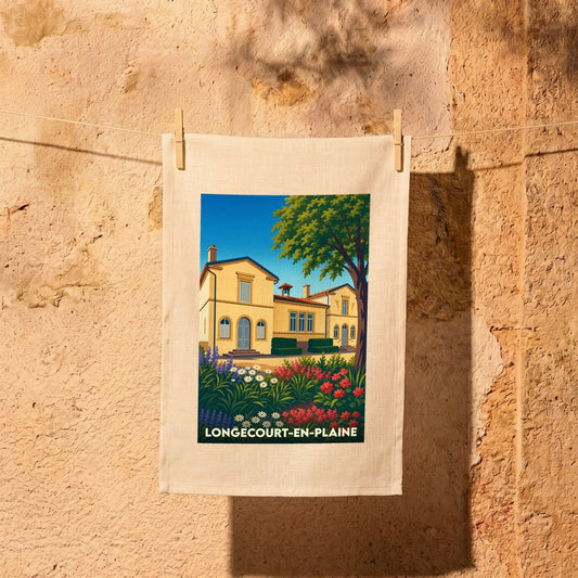 Torchon souvenir de la ville de Longecourt-en-Plaine avec une illustration stylisée.