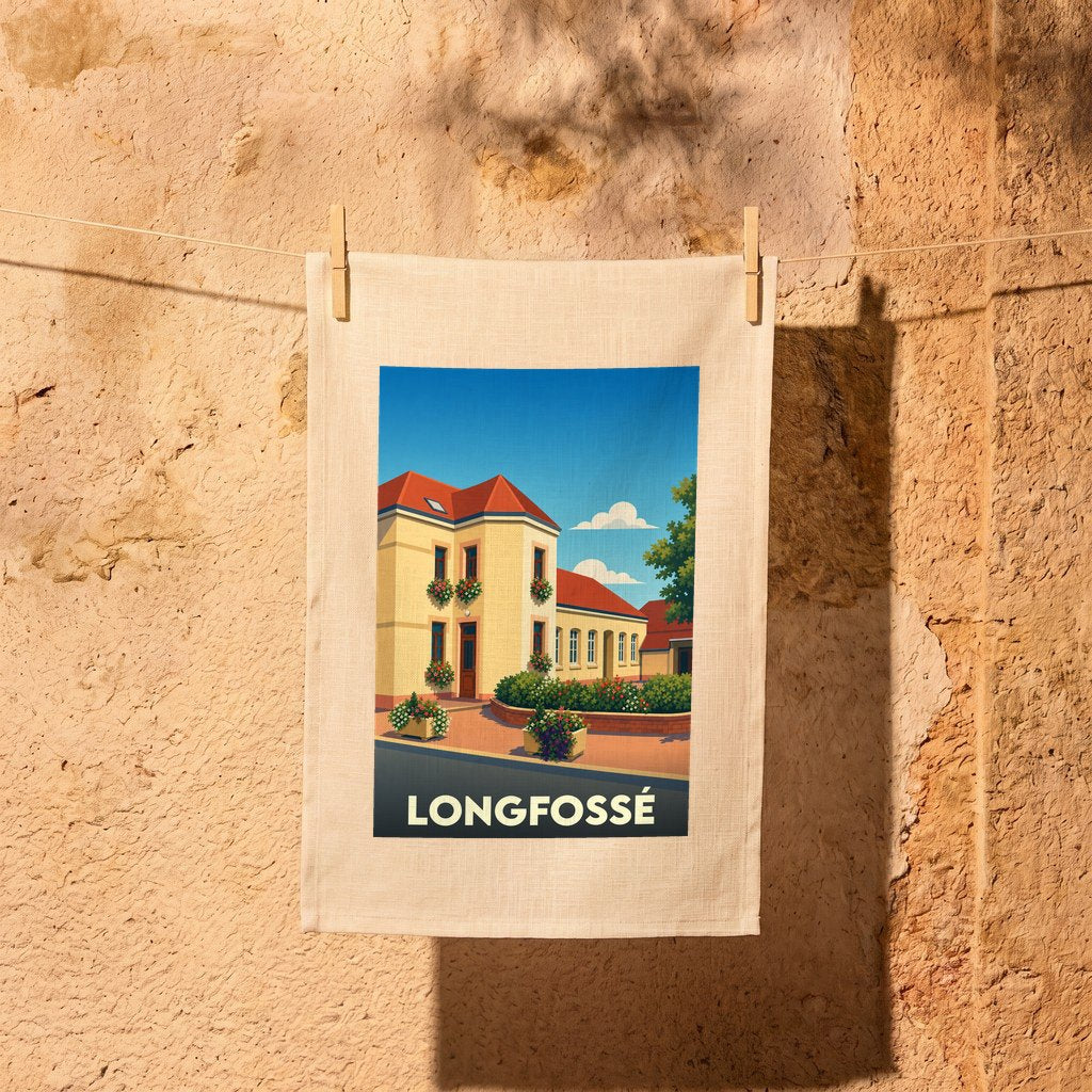 Torchon souvenir de la ville de Longfossé avec une illustration stylisée d'un bâtiment fleuri.