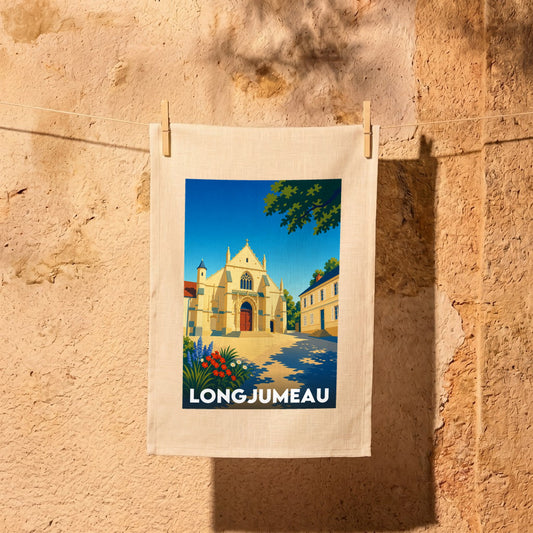 Torchon souvenir de la ville de Longjumeau avec une illustration stylisée.