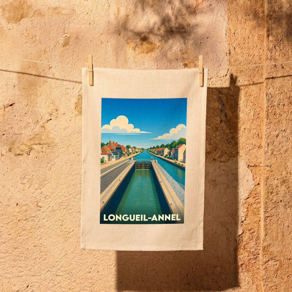 Torchon souvenir de la ville de Longueil-Annel avec une illustration stylisée d'un canal et de ses écluses.