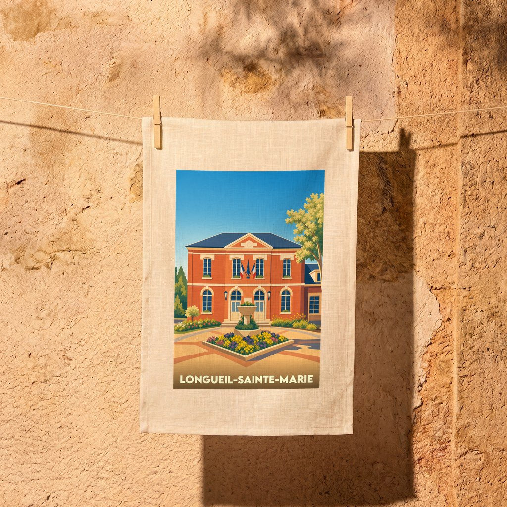 Torchon souvenir de la ville de Longueil-Sainte-Marie avec une illustration stylisée de sa mairie.
