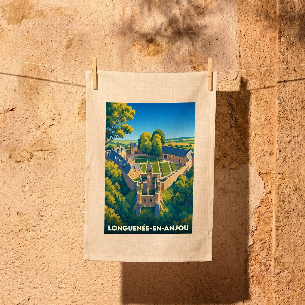 Torchon souvenir de la ville de Longuenée-en-Anjou avec une illustration stylisée d'un château médiéval.