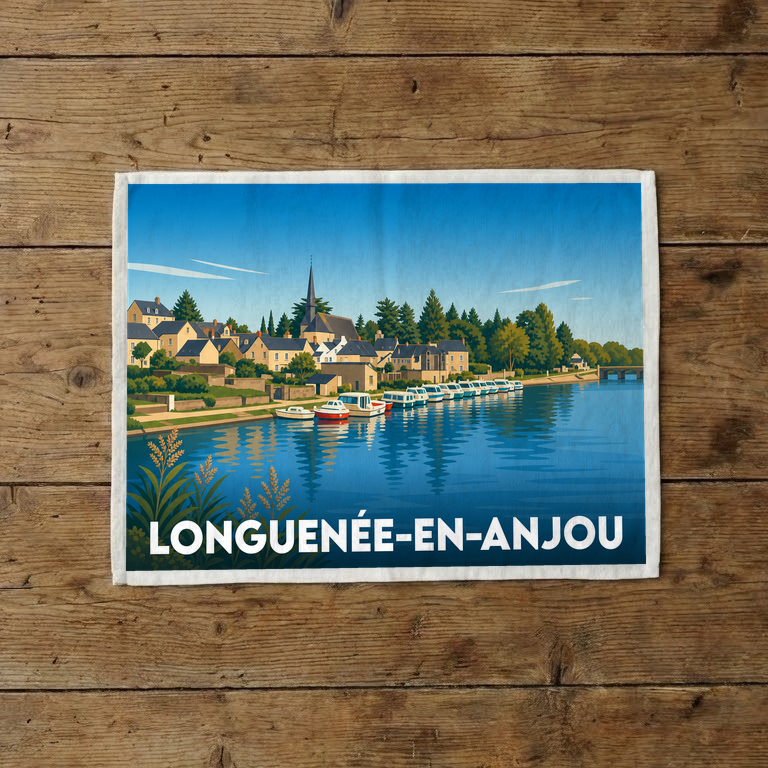 Torchon souvenir de la ville de Longuenée-en-Anjou avec une illustration stylisée d'un bord de rivière.