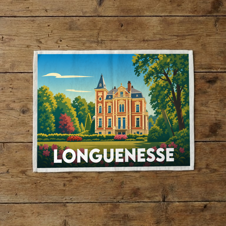 Torchon souvenir de la ville de Longuenesse avec une illustration stylisée d'un château entouré d'un parc verdoyant.