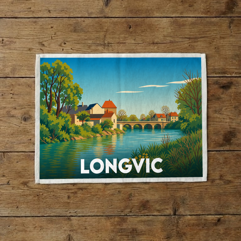 Torchon souvenir de la ville de Longvic avec une illustration stylisée d'un paysage fluvial et de son pont.
