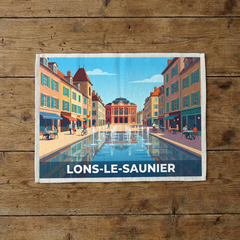Torchon souvenir de la ville de Lons-le-Saunier avec une illustration stylisée.