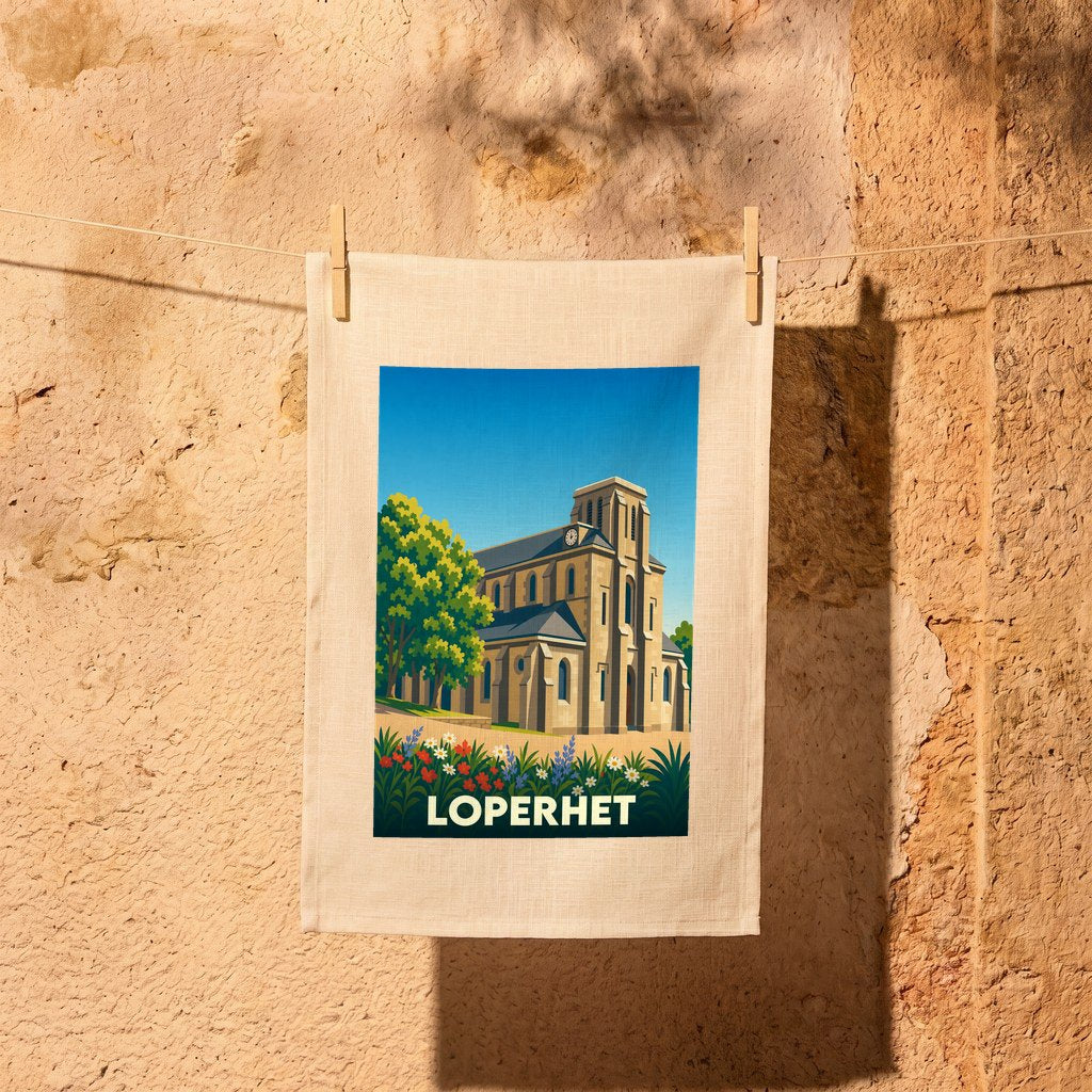 Torchon souvenir de la ville de Loperhet avec une illustration stylisée de son église.
