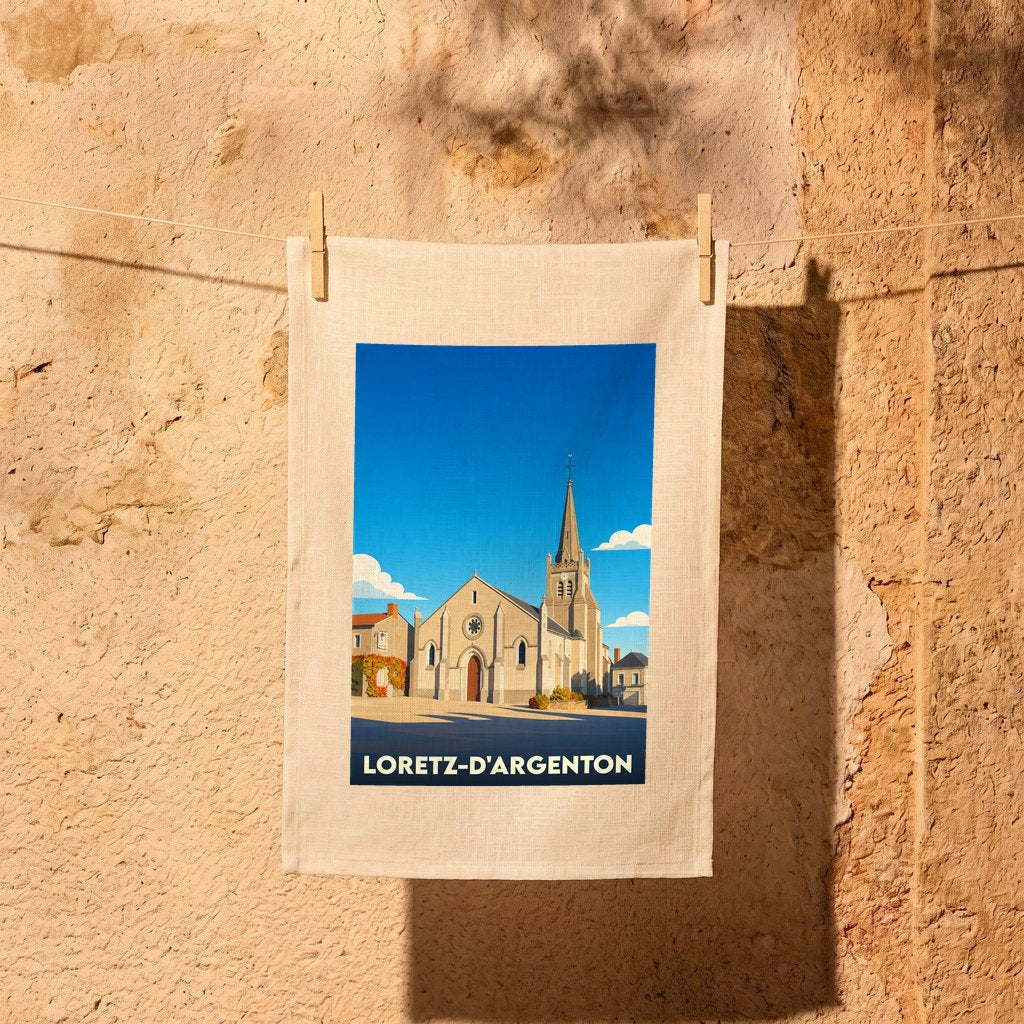 Torchon souvenir de la ville de Loretz-d'Argenton avec une illustration stylisée de son église sous un ciel bleu.