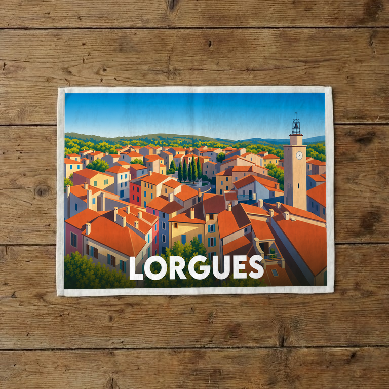 Torchon souvenir de la ville de Lorgues avec une illustration colorée et stylisée de ses toits provençaux.