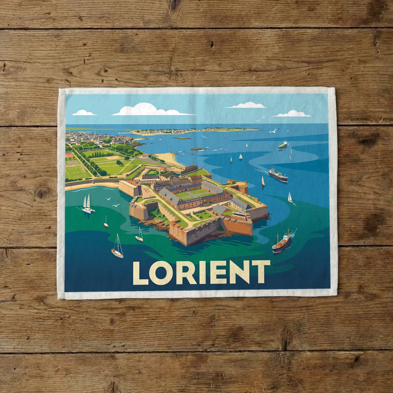 Torchon souvenir de la ville de Lorient avec une illustration stylisée de son littoral et de sa citadelle.