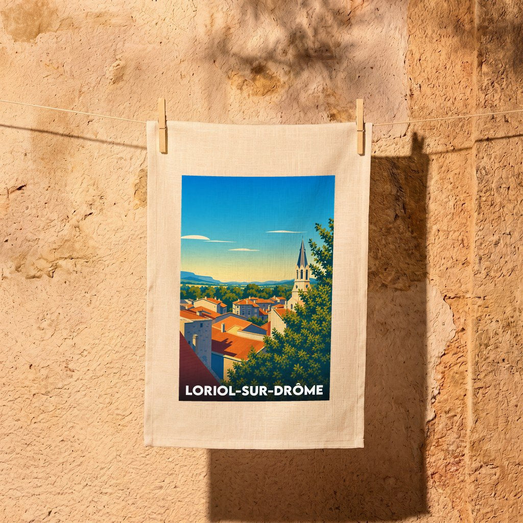 Torchon souvenir de la ville de Loriol-sur-Drôme avec une illustration stylisée de ses toits et de son clocher.