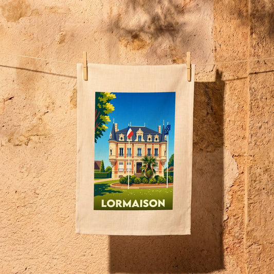 Torchon souvenir de la ville de Lormaison avec une illustration stylisée d'un château.