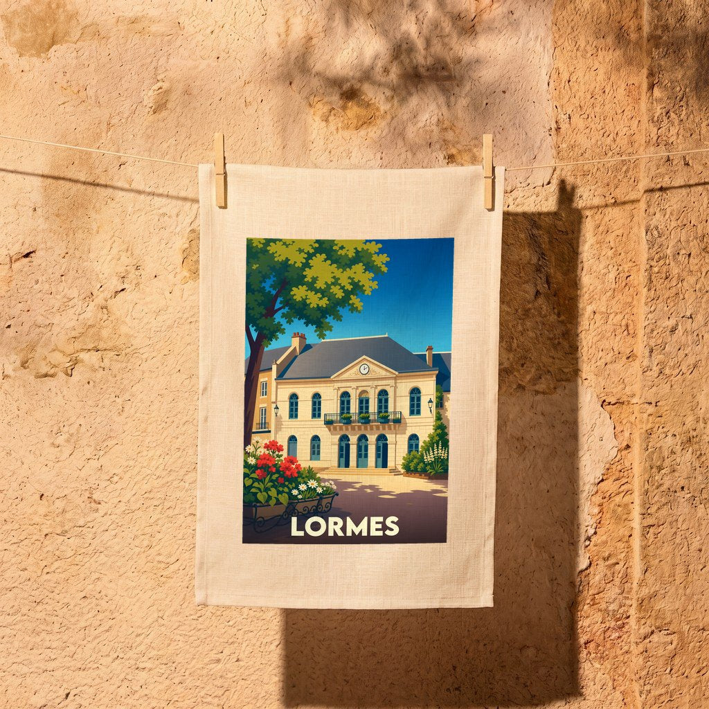 Torchon souvenir de la ville de Lormes avec une illustration stylisée de son hôtel de ville.