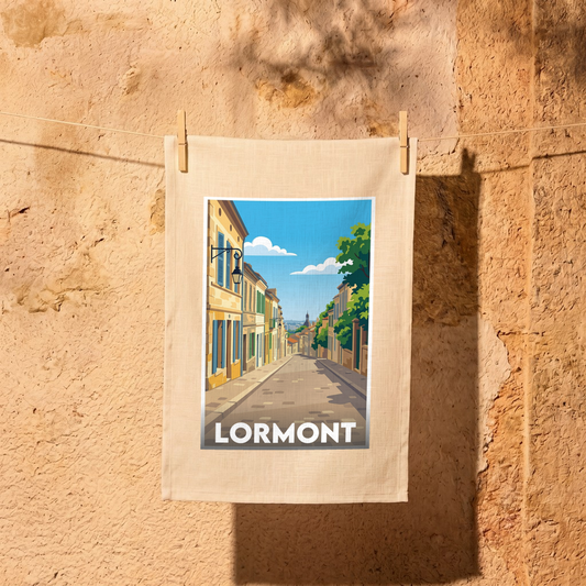 Torchon souvenir de la ville de Lormont avec une illustration stylisée d'une rue pittoresque.