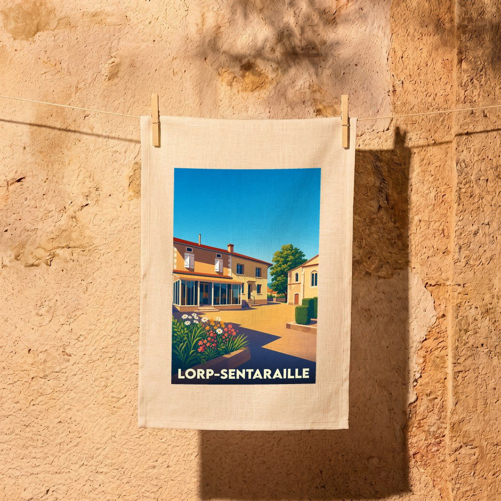 Torchon souvenir de la ville de Lorp-Sentaraille avec une illustration stylisée d'un paysage urbain ensoleillé.