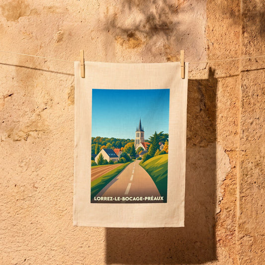 Torchon souvenir de la ville de Lorrez-le-Bocage-Préaux avec une illustration stylisée d'un paysage de campagne.