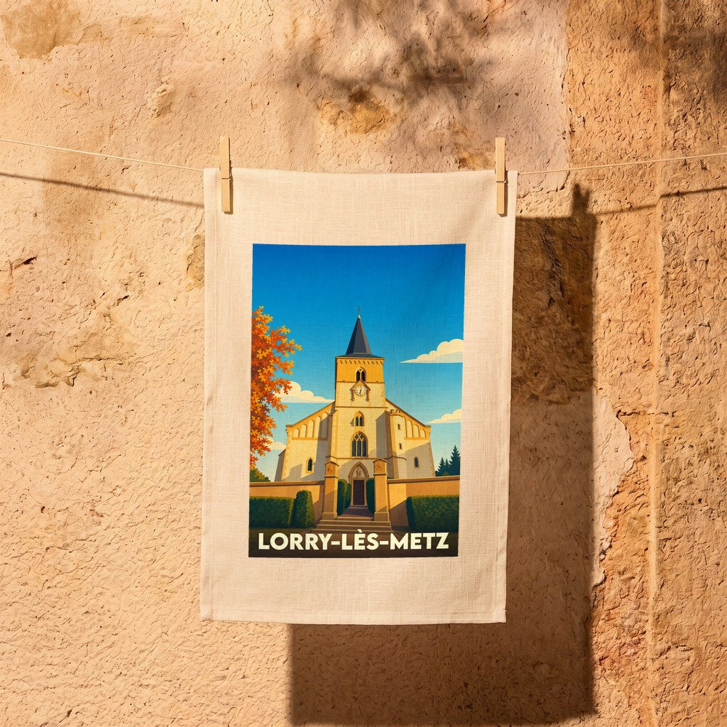 Torchon souvenir de la ville de Lorry-lès-Metz avec une illustration stylisée de son église.