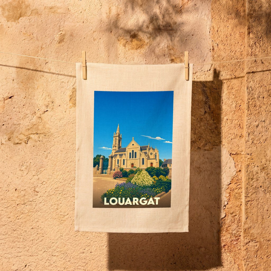 Torchon souvenir de la ville de Louargat illustré d'une église et de fleurs dans un style rétro.