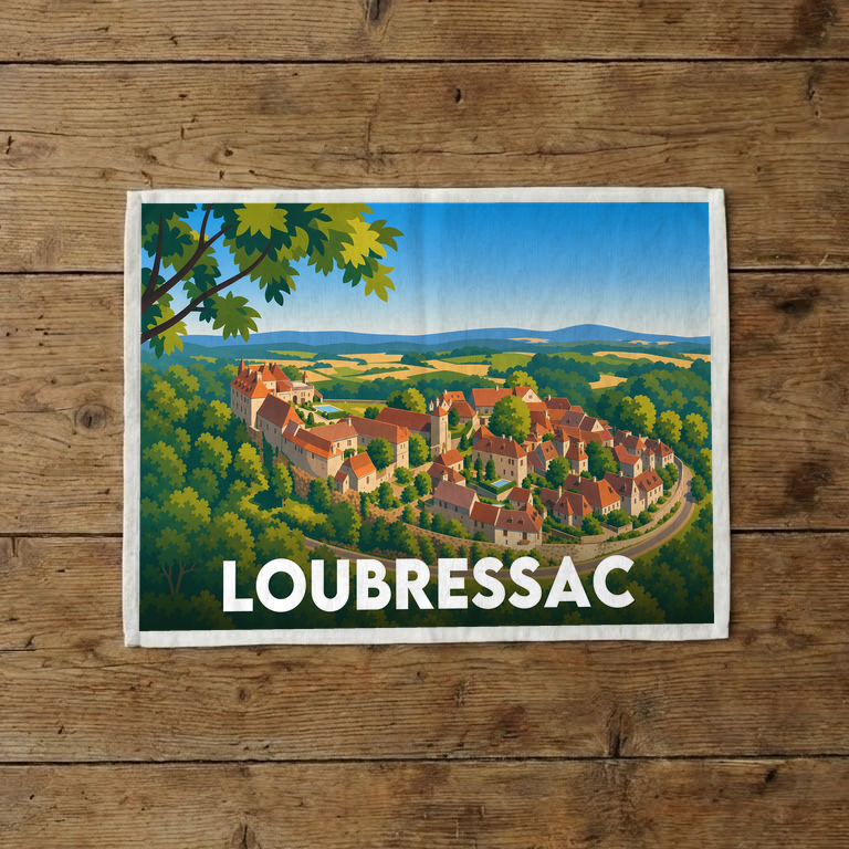 Torchon souvenir de la ville de Loubressac orné d'une illustration stylisée du village.