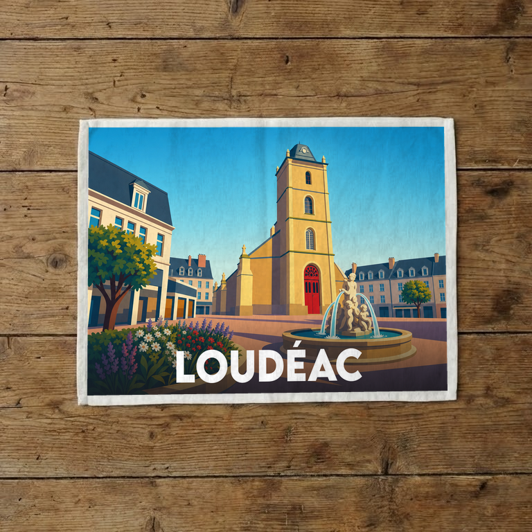 Torchon souvenir de la ville de Loudéac avec une illustration stylisée de son église et de sa fontaine.