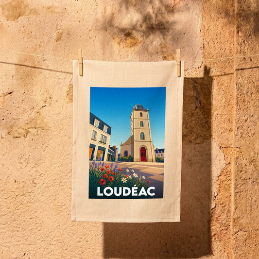 Torchon souvenir de la ville de Loudéac avec une illustration stylisée de son église et de sa fontaine.