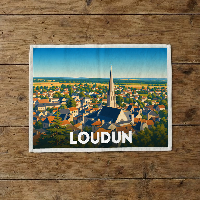 Torchon souvenir de la ville de Loudun avec une illustration stylisée d'un paysage urbain et de son église.
