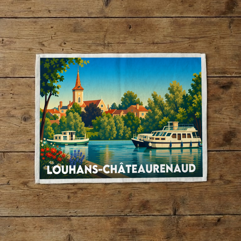 Torchon souvenir de la ville de Louhans-Châteaurenaud avec une illustration stylisée d'un paysage fluvial.