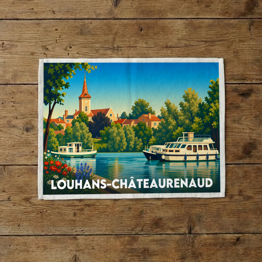 Torchon souvenir de la ville de Louhans-Châteaurenaud avec une illustration stylisée d'un paysage fluvial.