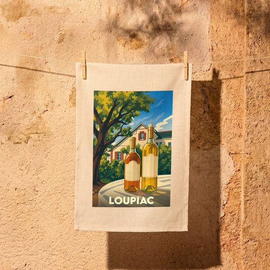 Torchon souvenir de la ville de Loupiac avec une illustration stylisée de bouteilles de vin devant un paysage ensoleillé.