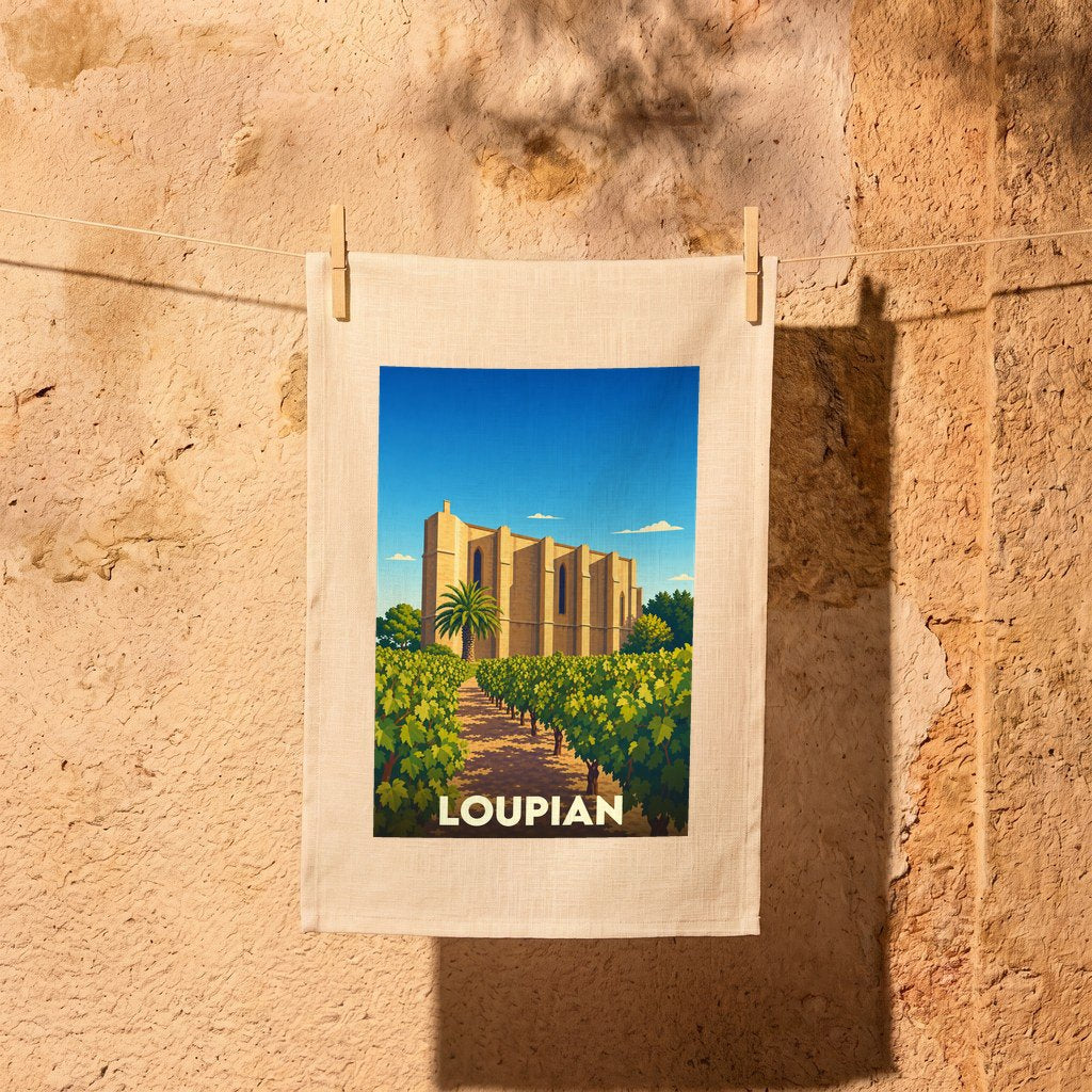 Torchon souvenir de la ville de Loupian orné d'une illustration stylisée de son église et de ses vignobles.