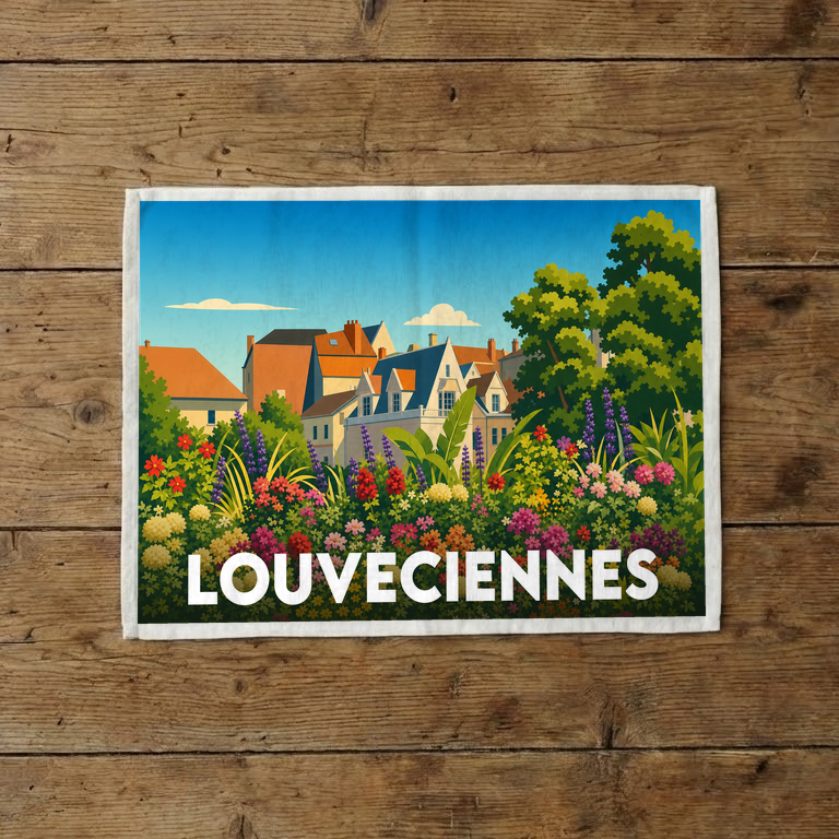 Torchon souvenir de la ville de Louveciennes illustré d'un paysage urbain fleuri et coloré.