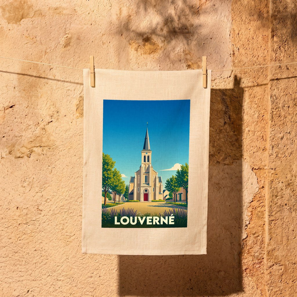 Torchon souvenir de la ville de Louverné orné d'une illustration stylisée de son église.