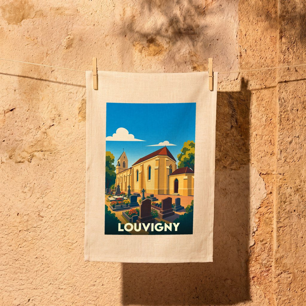 Torchon souvenir de la ville de Louvigny avec une illustration stylisée de son église et de son cimetière.
