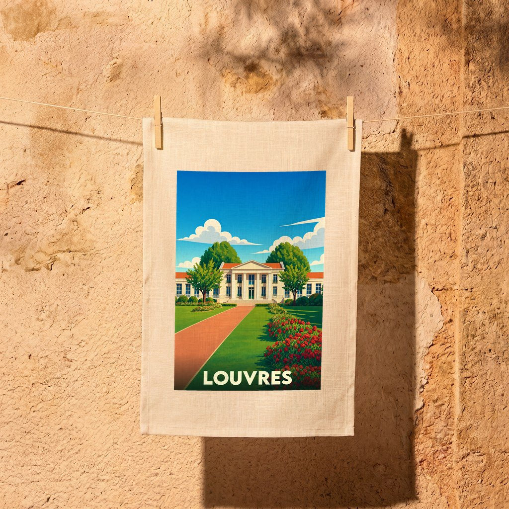 Torchon souvenir de la ville de Louvres avec une illustration stylisée d'un bâtiment classique entouré de verdure.