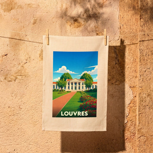 Torchon souvenir de la ville de Louvres avec une illustration stylisée d'un bâtiment classique entouré de verdure.