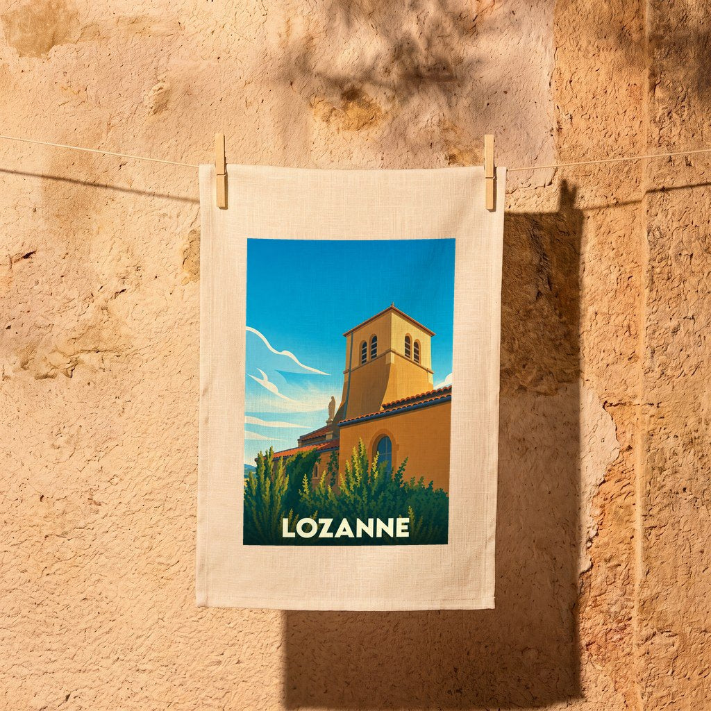 Torchon souvenir de la ville de Lozanne avec une illustration stylisée de son église.