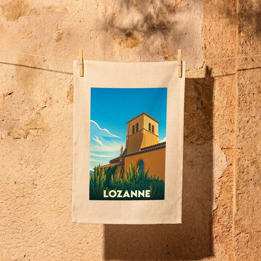 Torchon souvenir de la ville de Lozanne avec une illustration stylisée de son église.