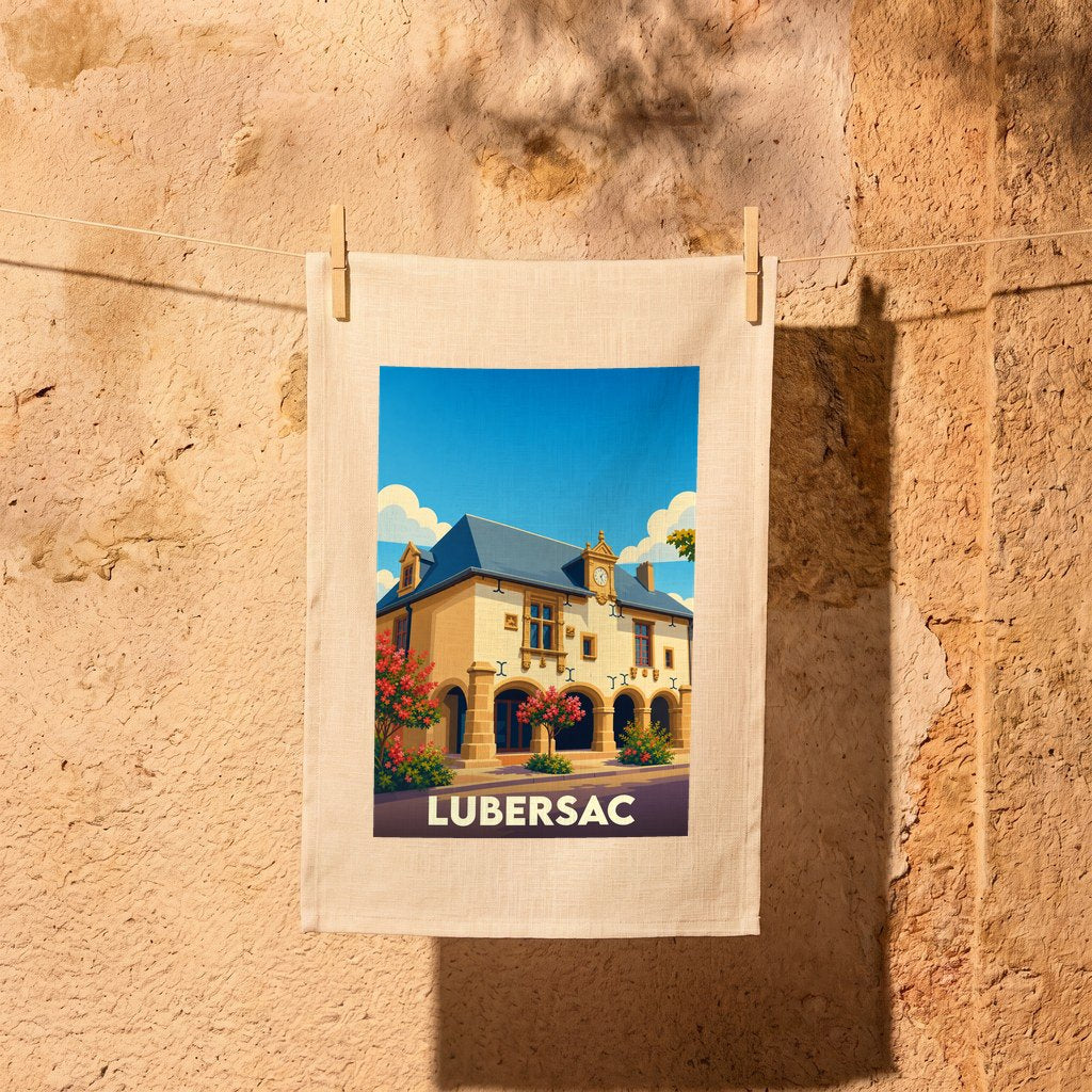 Torchon souvenir de la ville de Lubersac avec une illustration stylisée.
