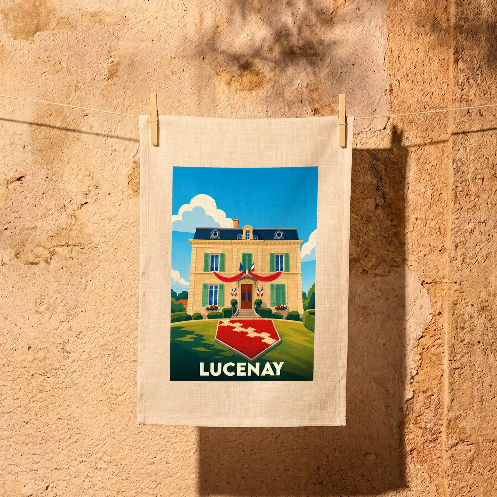 Torchon souvenir de la ville de Lucenay avec une illustration stylisée d'une demeure bourgeoise.