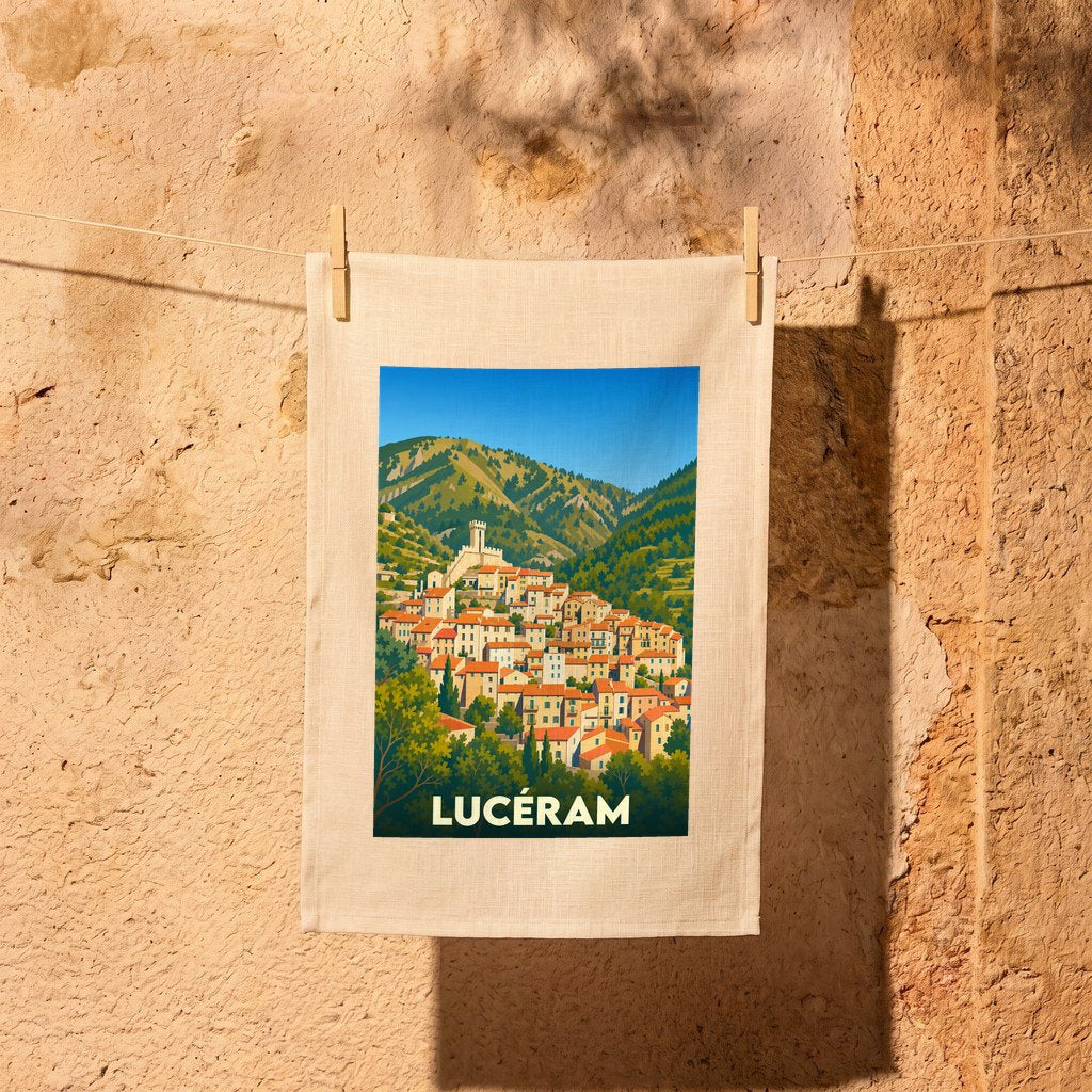 Torchon souvenir de la ville de Lucéram orné d'une illustration stylisée du village et de ses montagnes.