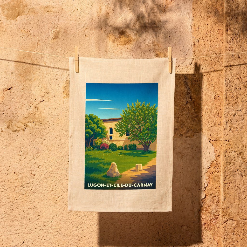 Torchon souvenir de la ville de Lugon-et-l’Île-du-Carnay avec une illustration stylisée d'un paysage ensoleillé.