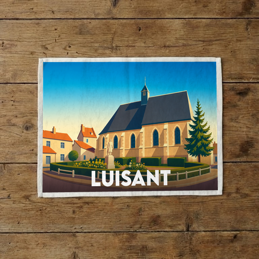 Torchon souvenir de la ville de Luisant avec une illustration stylisée de son église et de son centre-ville.