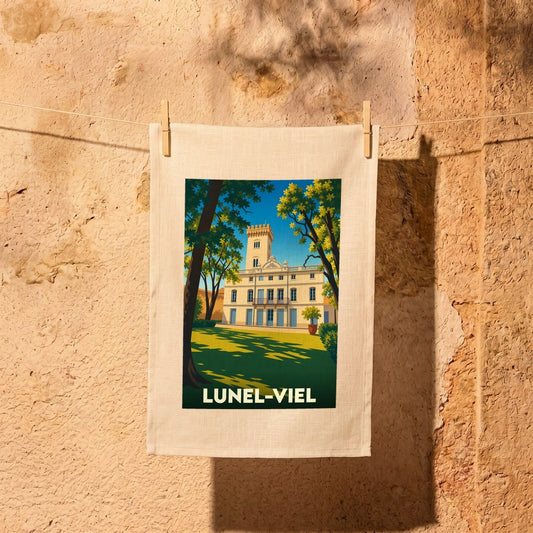 Torchon souvenir de la ville de Lunel-Viel avec une illustration stylisée d'un château.